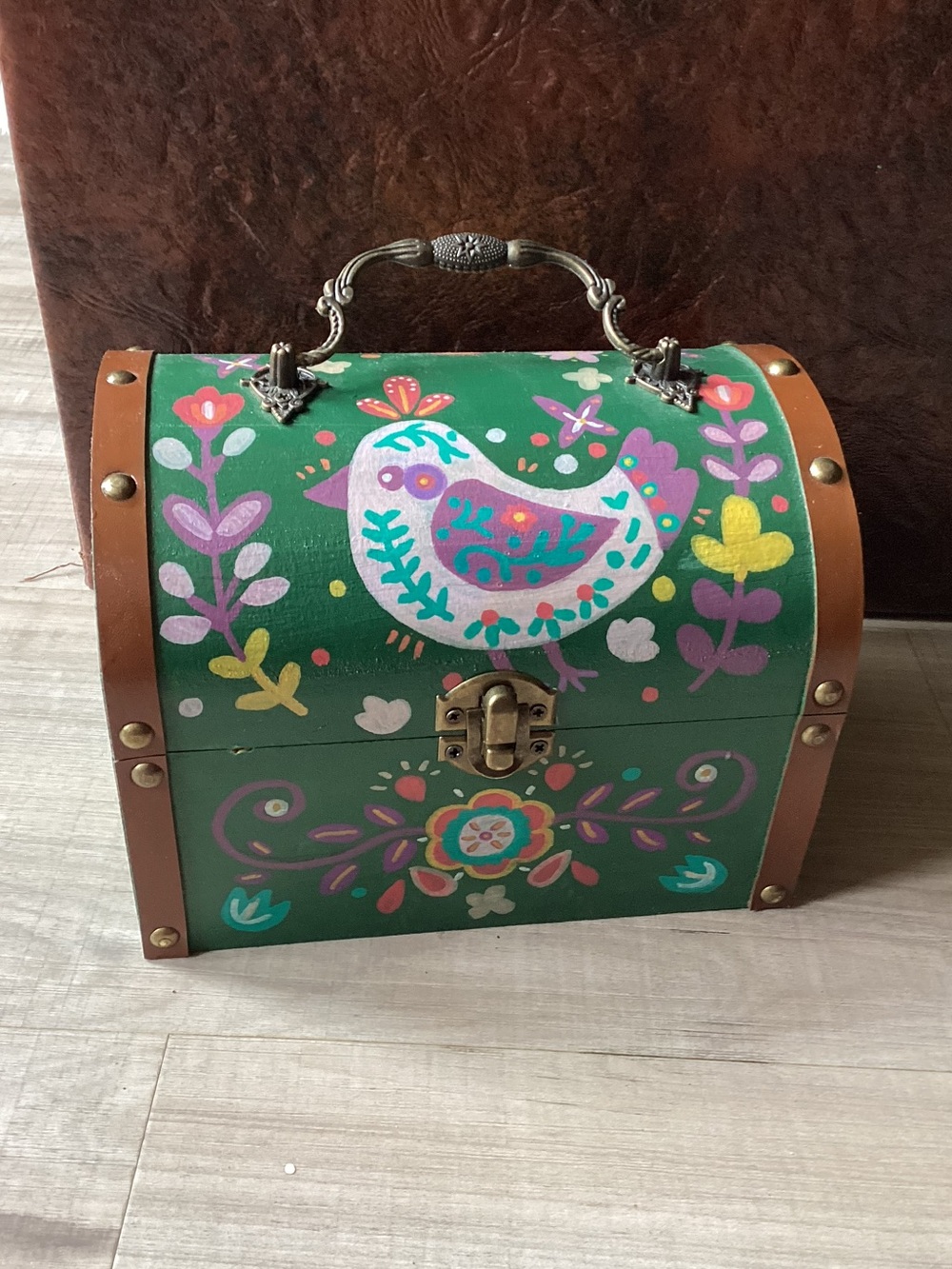 One of a kind Folk Hand Painted Box with handle